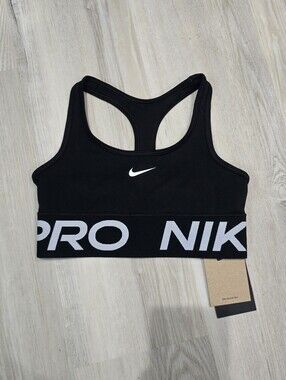 Nike Pro Girls Black Sports Bra with White Logo and Band Size S NWT